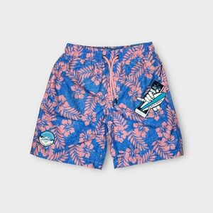 Beach Bros. Pink Hibiscus Floral Pattern Blue Swim Trunks